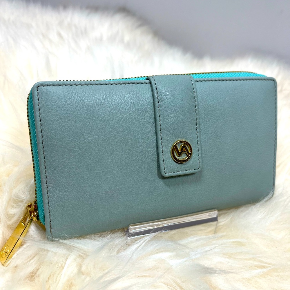 Valentina Aqua Pebble Tech Leather Long Zip Wallet